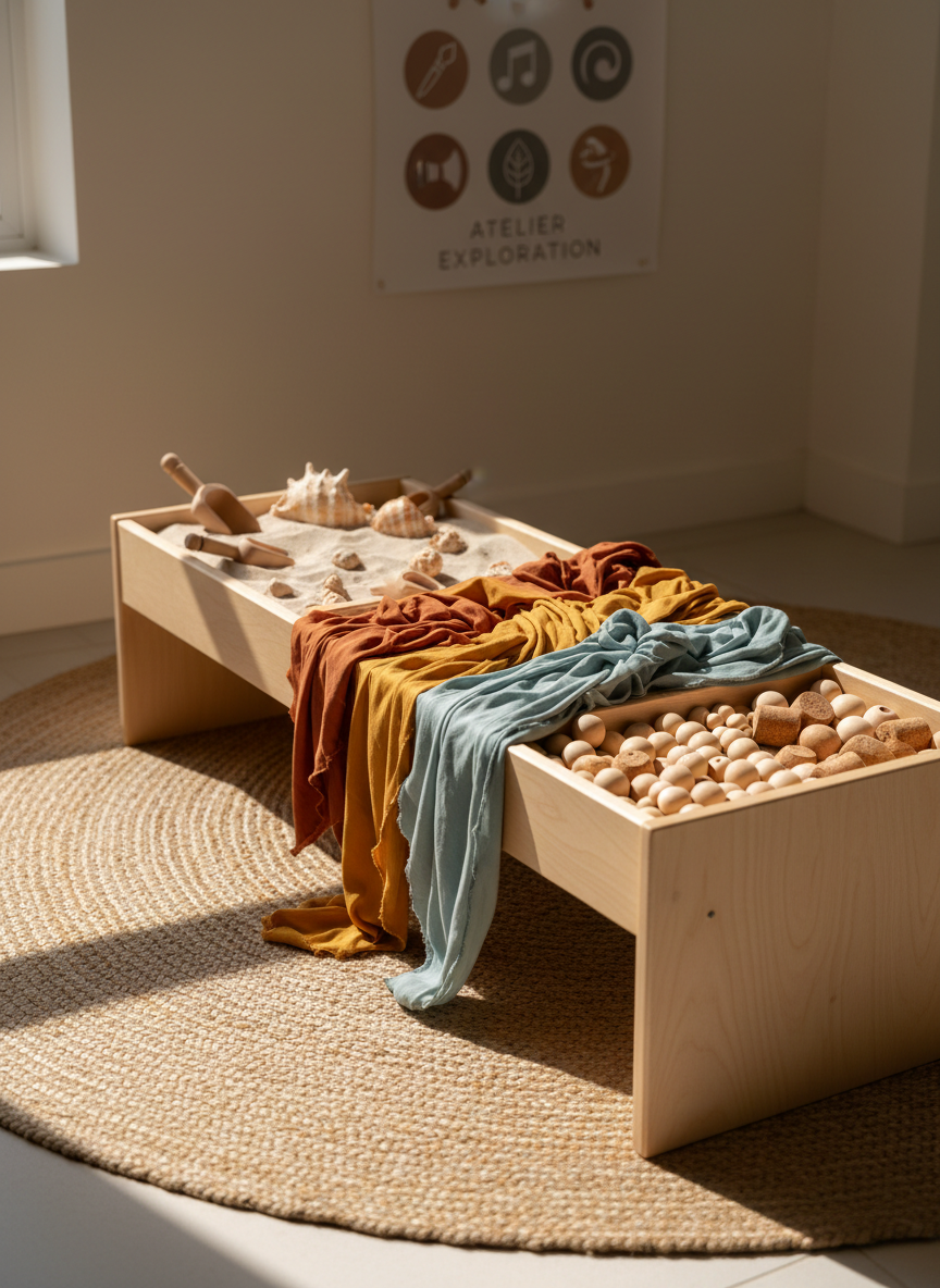 A photographic, side-on view of a sensory exploration station designed for early childhood creative awakening, featuring a long, low tray table divided into sections. One compartment holds fine, light-colored sand with wooden scoops and large seashells, another contains bright, silky fabric ribbons, and a third is filled with smooth wooden beads and oversized corks. The table stands on a natural jute rug against a soft, warm white wall where a minimalist poster outlines atelier themes in simple icons and muted colors. Warm, indirect daylight enters from the left, creating gentle, inviting shadows and accentuating textures. Captured at child-height with a rule-of-thirds composition and shallow depth of field, the front textures are crisp while the background softly blurs, evoking a professional yet nurturing creative environment without any people present.