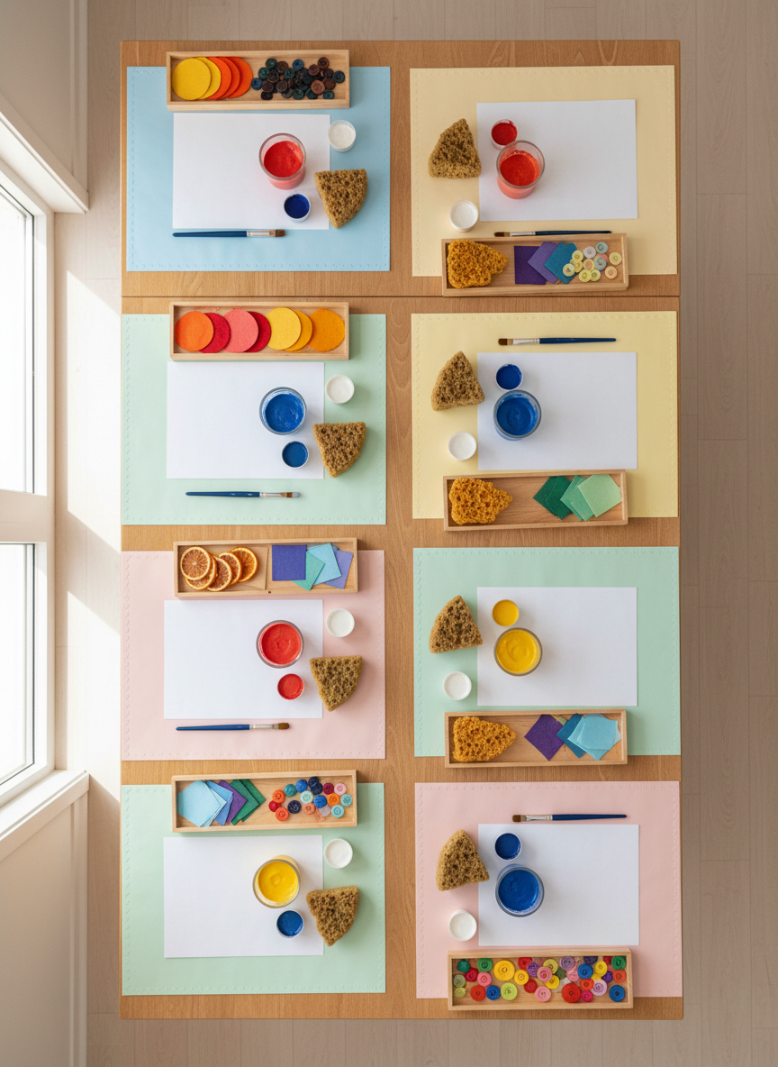An overhead, photographic view of a large, smooth wooden table prepared for a creative awakening workshop for very young children. On the table, sets of primary-colored, non-toxic gouache paints in small glass cups, thick handled brushes, natural sponges, and trays of collage materials—felt circles, tissue paper squares, dried orange slices, and large buttons—are laid out in harmonious color gradients. Each place is defined by a protective craft mat and a pristine sheet of heavyweight paper. The room’s neutral wooden floor and pale walls frame the table, while soft, overcast daylight streams from one side, creating a calm, even illumination with minimal shadows. The atmosphere is structured yet playful, suggesting thoughtful pedagogy. The composition is symmetrical with sharp focus throughout, highlighting materials and textures for a professional, modern atelier aesthetic.