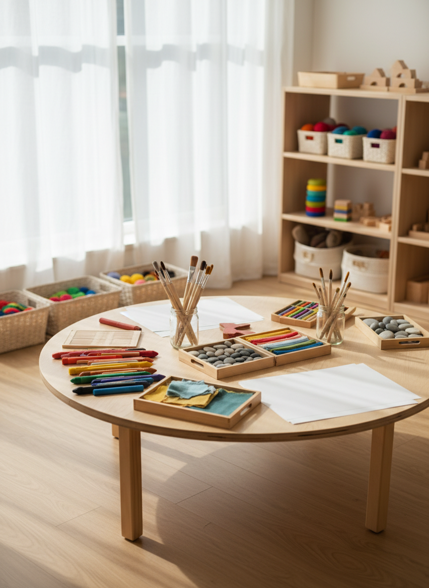 A sunlit creative atelier for early childhood, seen in photographic realism, with a low round wooden table covered in neatly arranged art supplies: chunky non-toxic crayons, thick watercolor brushes in glass jars, oversized sheets of white paper, and small wooden trays filled with smooth pebbles and fabric scraps. The table stands on a light birch floor, near a large window framed by sheer white curtains. Soft morning daylight floods the space, casting gentle shadows and subtle highlights on the natural materials. In the blurred background, open shelves hold baskets of colorful yarn, felt shapes, and wooden blocks. Shot at eye level with a shallow depth of field, the atmosphere feels calm, professional, and warmly inviting, emphasizing creative exploration for very young children without showing any people.