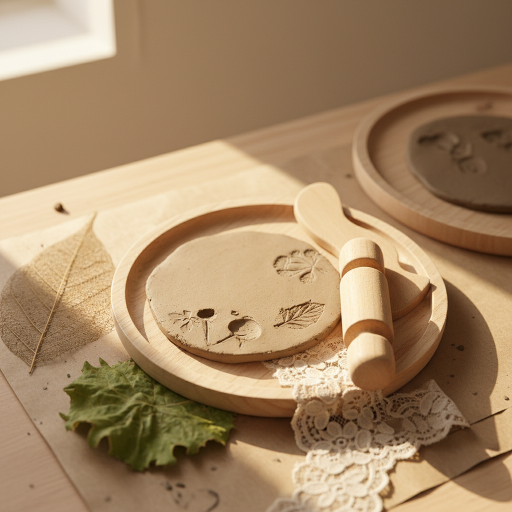 A detailed, photographic macro shot of a single creative station for toddlers, focusing on the tactile richness of the materials. On a small, pale wooden tray rest a flattened ball of soft, natural clay, a few large wooden shaping tools with rounded edges, and some textured leaves and lace pieces for imprinting. Beneath, a kraft paper placemat protects the table. The background softly reveals the blurred edge of another tray and the gentle gradient of a light, neutral wall. Warm, directional daylight from an unseen window grazes the surface from the upper left, creating delicate shadows in the clay impressions and highlighting grain in the wood. The composition is simple and centered, with very shallow depth of field, creating an intimate, calm, and professional mood that emphasizes sensory discovery in early childhood ateliers.