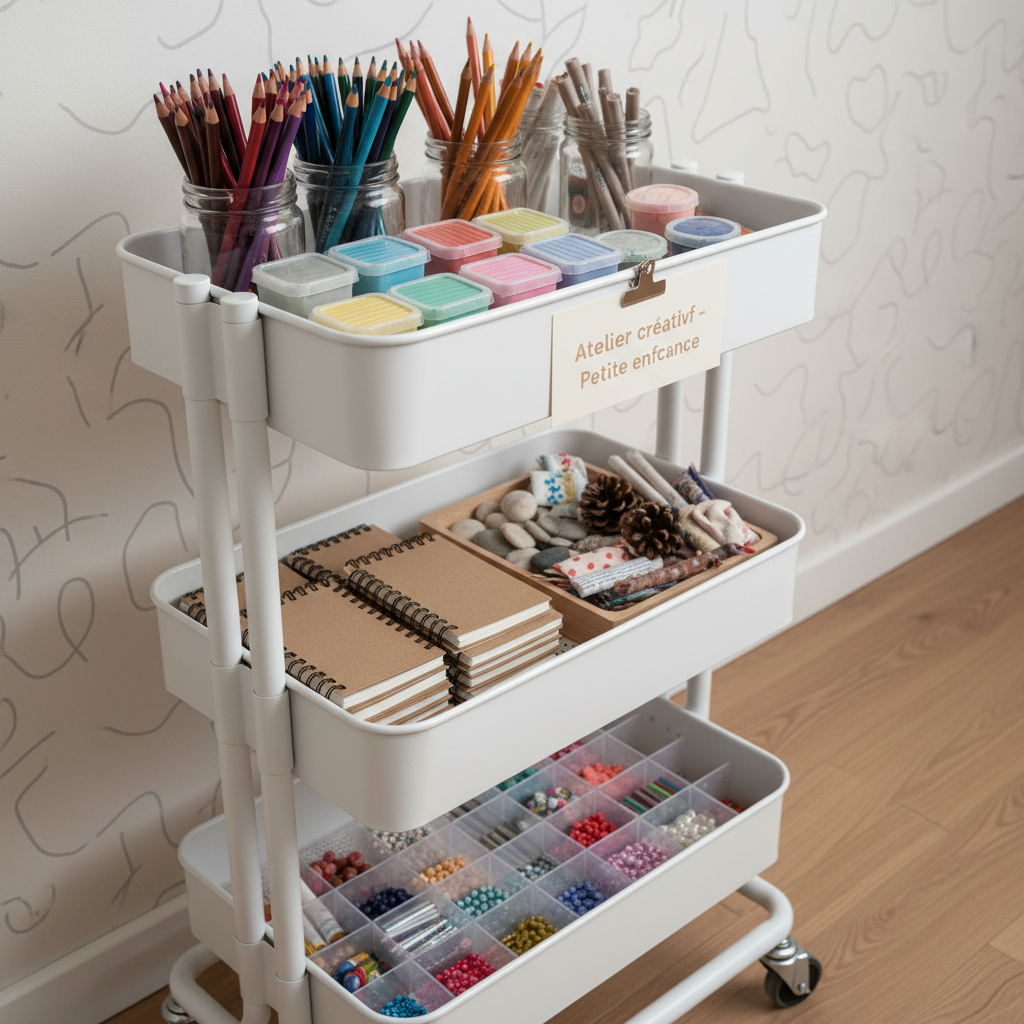 A photographic close-up of a curated “atelier mobile” cart, designed for creative workshops in nurseries and preschools. The matte white, three-tier metal cart stands on a light wooden floor beside a neutral wall with a subtle, hand-drawn line pattern. Each tier is meticulously organized: glass jars of oversized colored pencils, compartments of soft modeling clay in pastel tones, stacks of small sketchbooks with kraft covers, and boxes of natural materials like pinecones and fabric offcuts. A discreet label reading “Atelier créatif – Petite enfance” is clipped to the top edge. Soft studio lighting from the right creates clean highlights and gentle shadows, emphasizing order and professionalism. Shot at a slightly angled three-quarter view with moderate depth of field, the atmosphere is calm, efficient, and inspiring, ideal for illustrating a mobile creative service for early childhood settings.